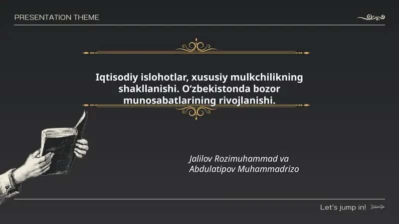 Iqtisodiy islohotlar, xususiy mulkchilikning shakllanishi. O‘zbekistonda bozor munosabatlarining rivojlanishi.