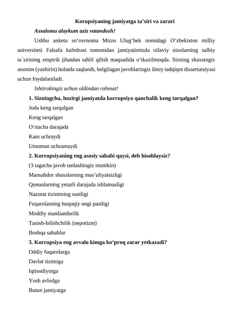 Korupsiyaning jamiyatga ta’siri va zarari