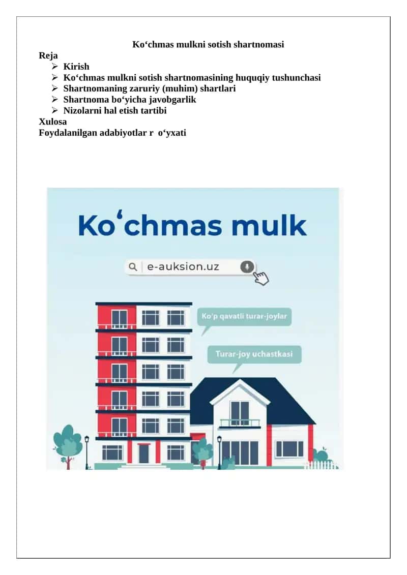 Ko‘chmas mulkni sotish shartnomasi