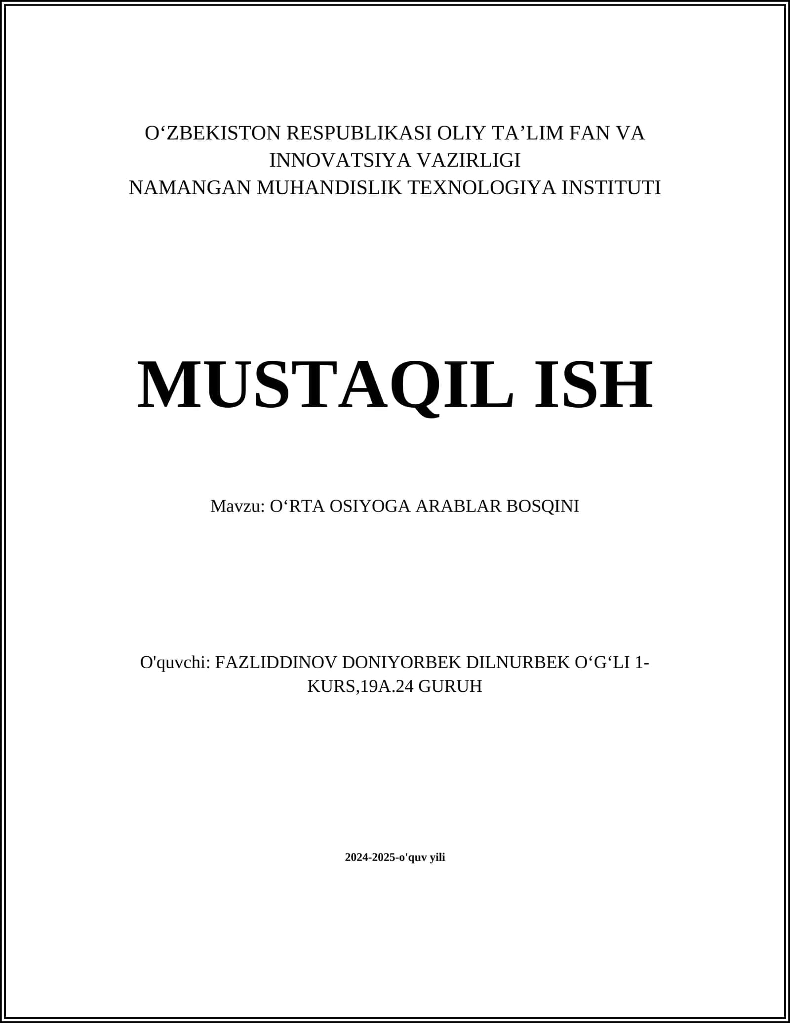 OʻRTA OSIYOGA ARABLAR BOSQINI