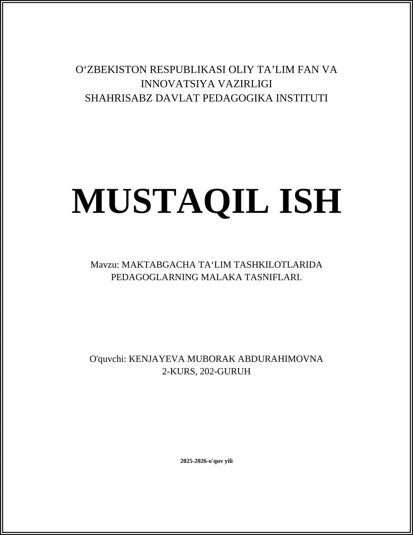MAKTABGACHA TA‘LIM TASHKILOTLARIDA PEDAGOGLARNING MALAKA TASNIFLARI