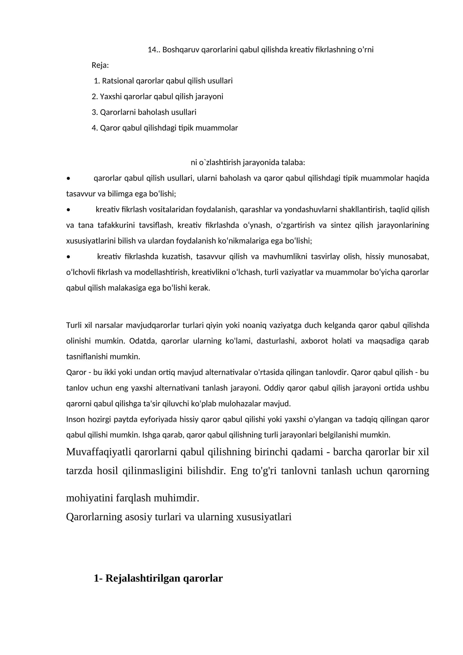 Kreativ fikrlashning o'rni qarorlarni qabul qilishda