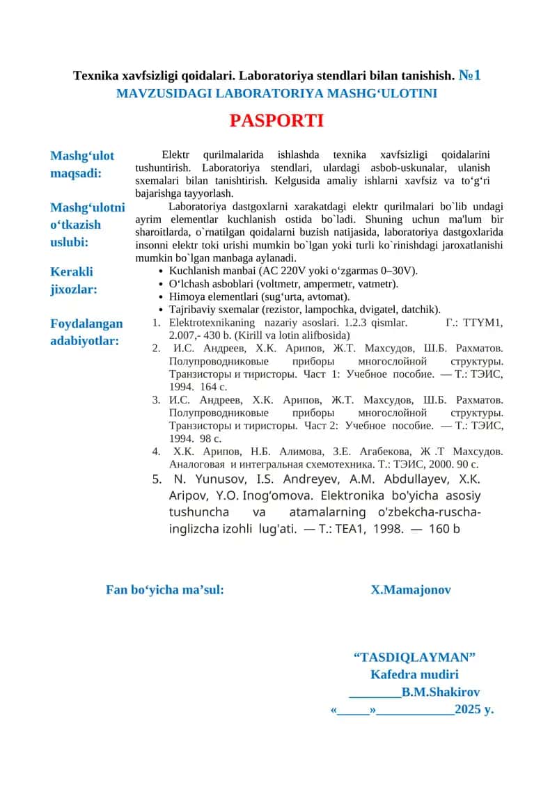 Texnika xavfsizligi qoidalari. Laboratoriya stendlari bilan tanishish. №1