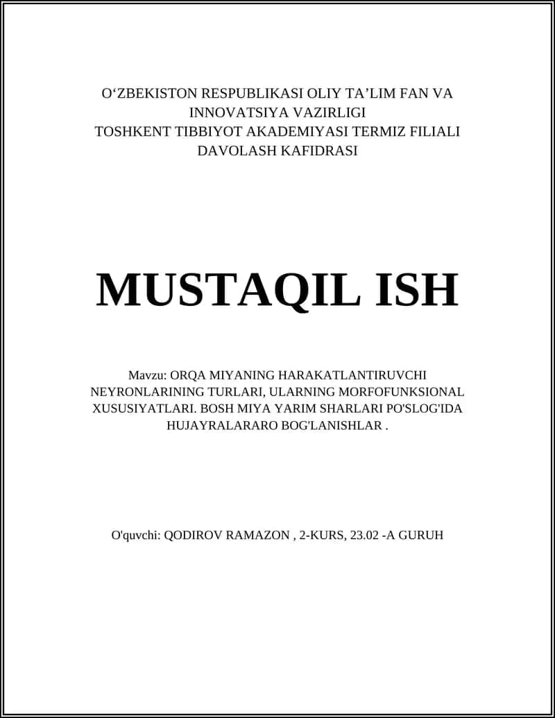 ORQA MIYANING HARAKATLANTIRUVCHI NEYRONLARINING TURLARI