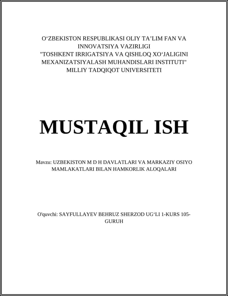 UZBEKISTON M D H DAVLATLARI VA MARKAZIY OSIYO MAMLAKATLARI BILAN HAMKORLIK ALOQALARI