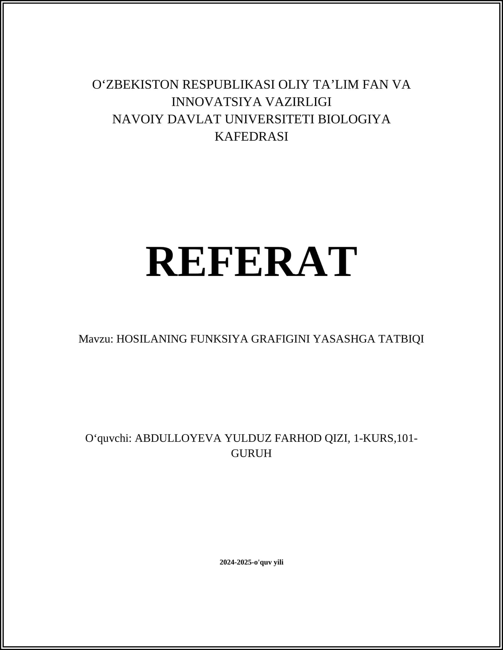 HOSILANING FUNKSIYA GRAFIGINI YASASHGA TATBIQI