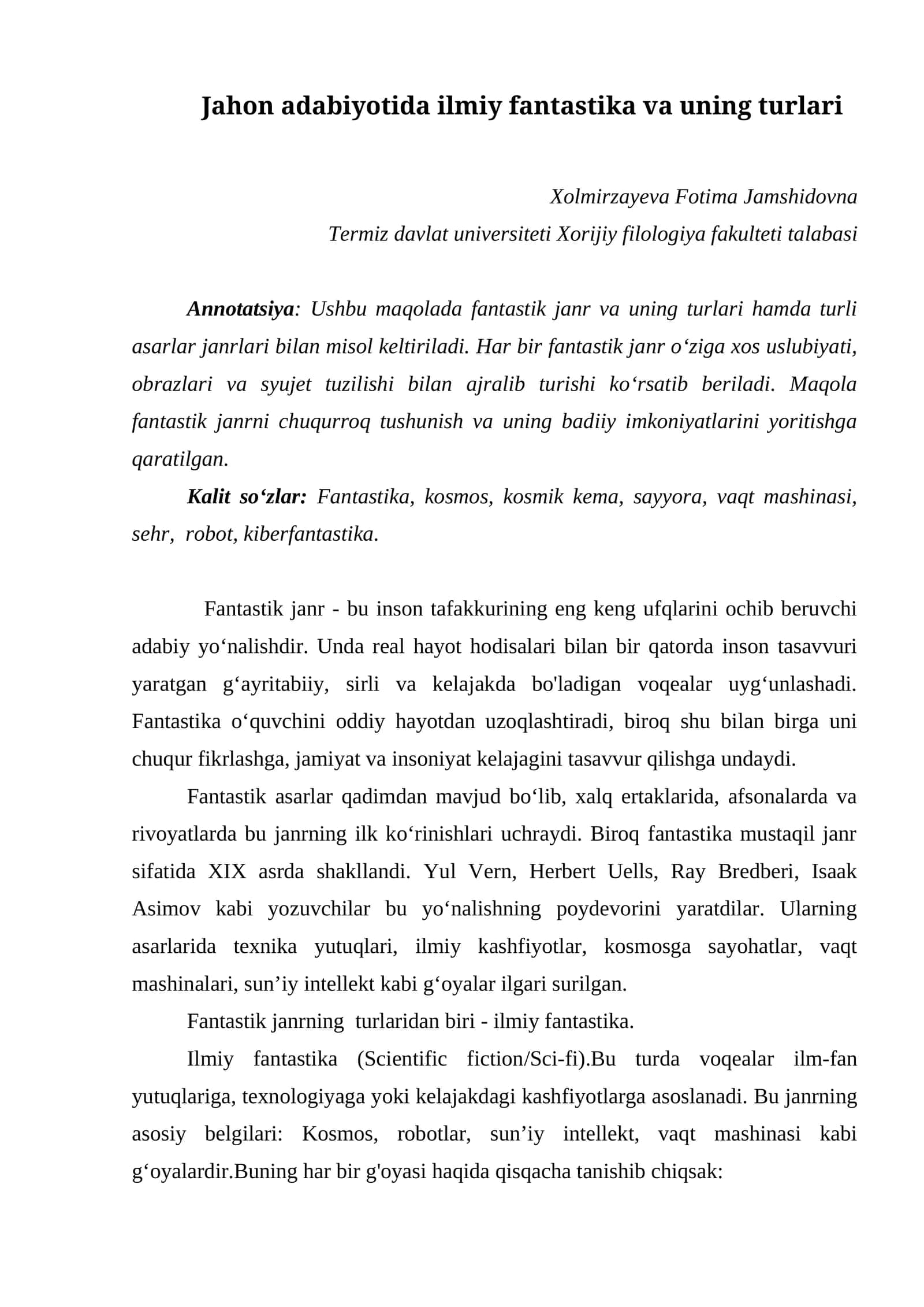 Jahon adabiyotida ilmiy fantastika va uning turlari