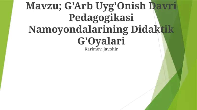 G'Arb Uyg'Onish Davri Pedagogikasi Namoyondalarining Didaktik G'Oyalari