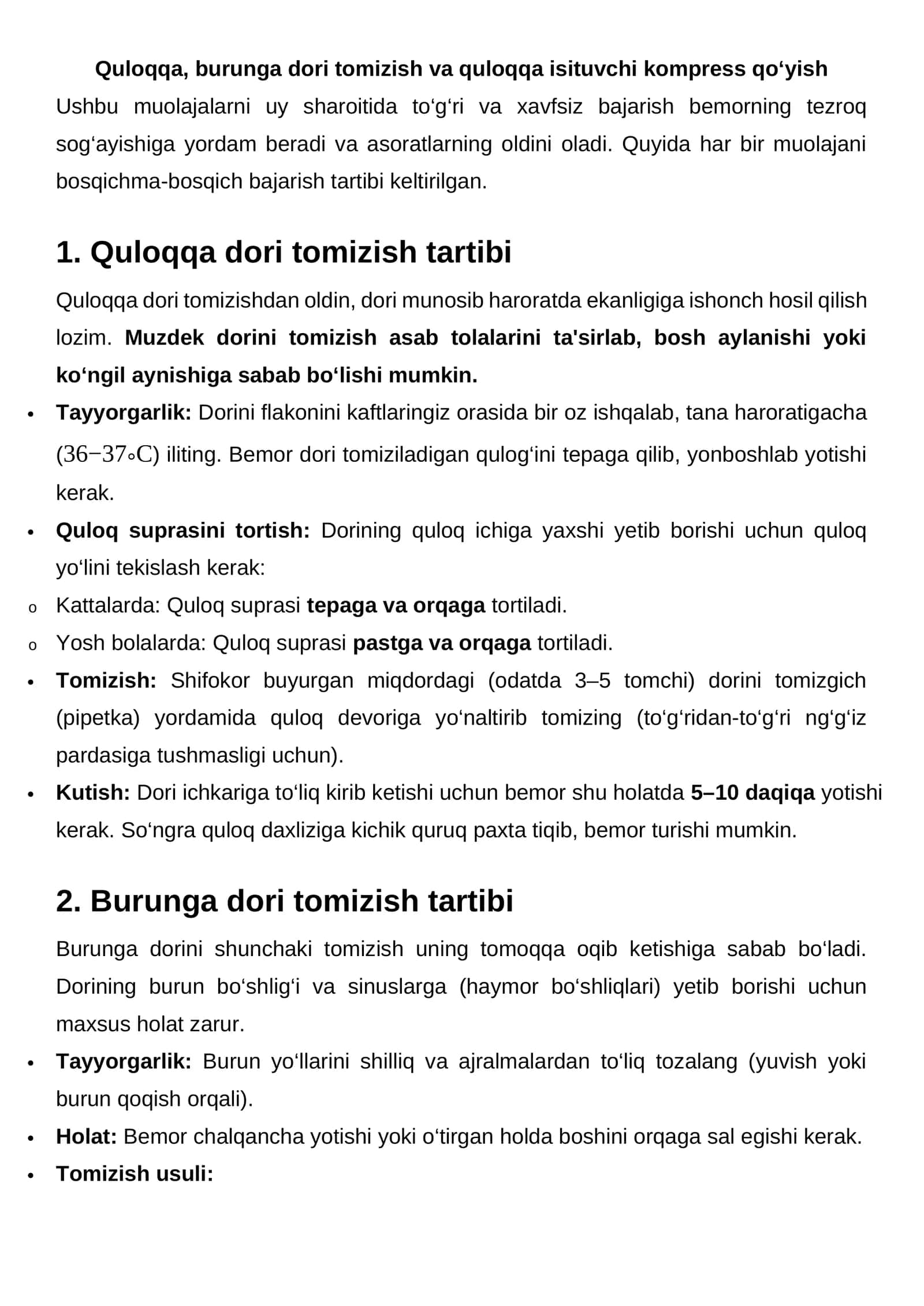 Quloqqa, burunga dori tomizish va quloqqa isituvchi kompress qo‘yish