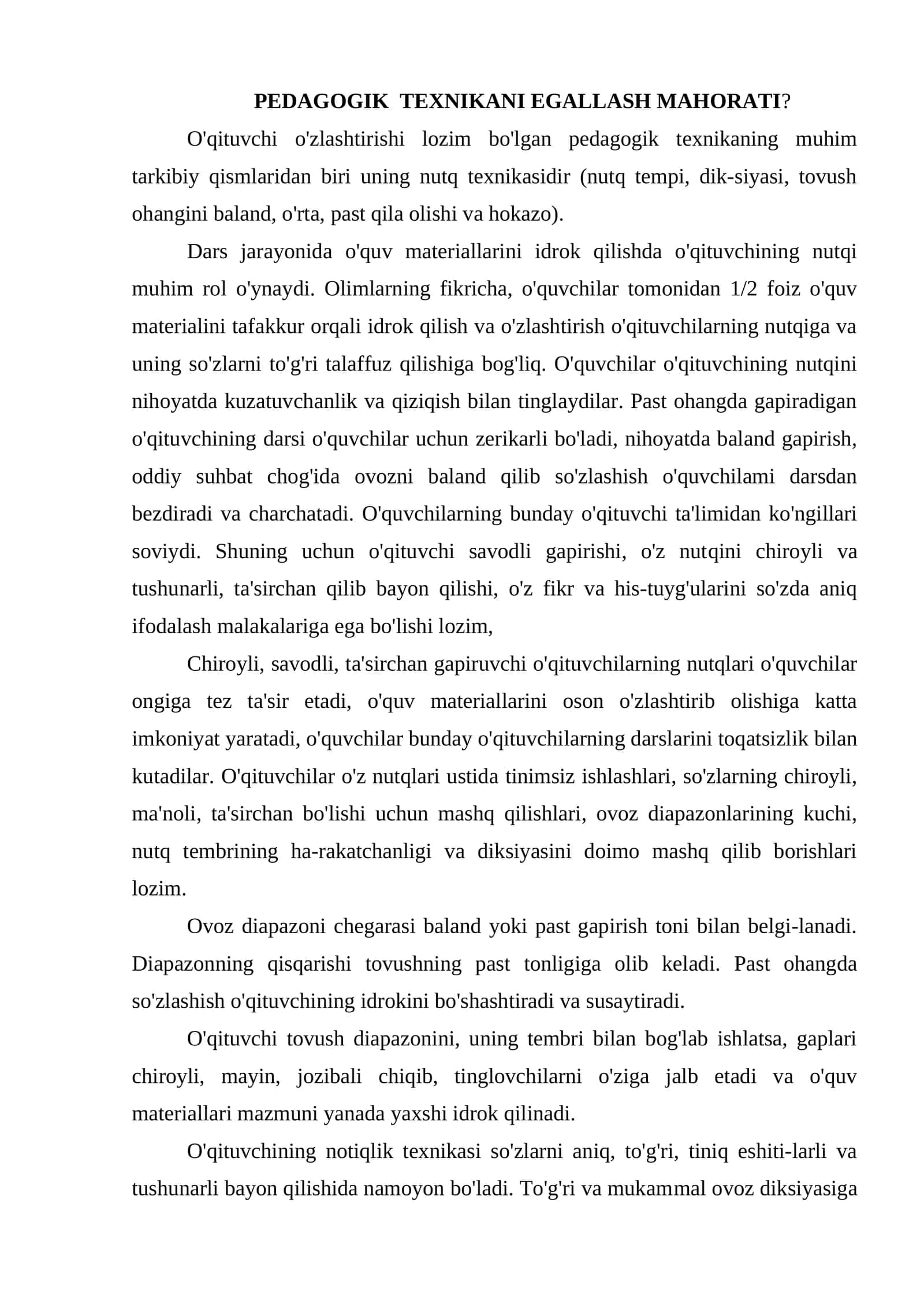PEDAGOGIK TEXNIKANI EGALLASH MAHORATI