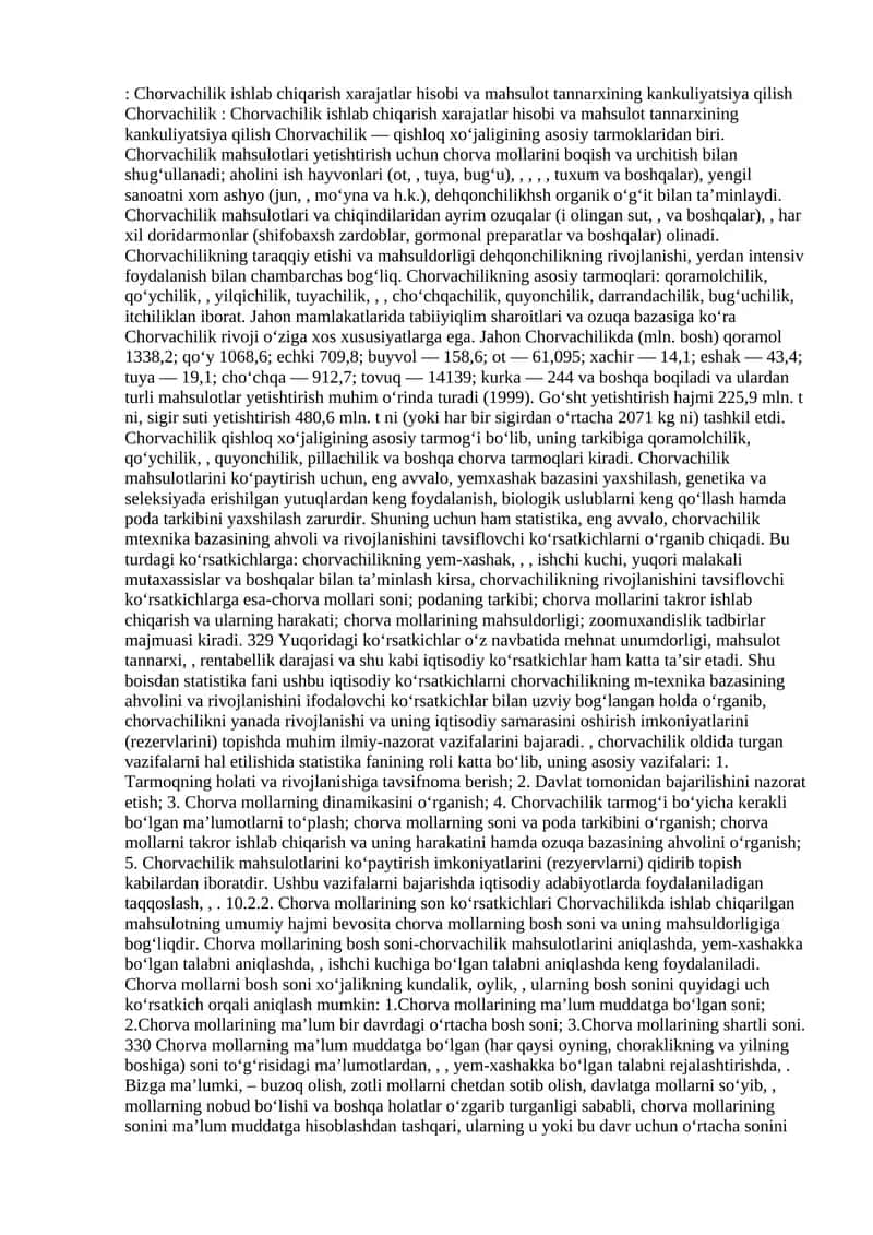 Chorvachilik ishlab chiqarish xarajatlar hisobi va mahsulot tannarxining kankuliyatsiya qilish