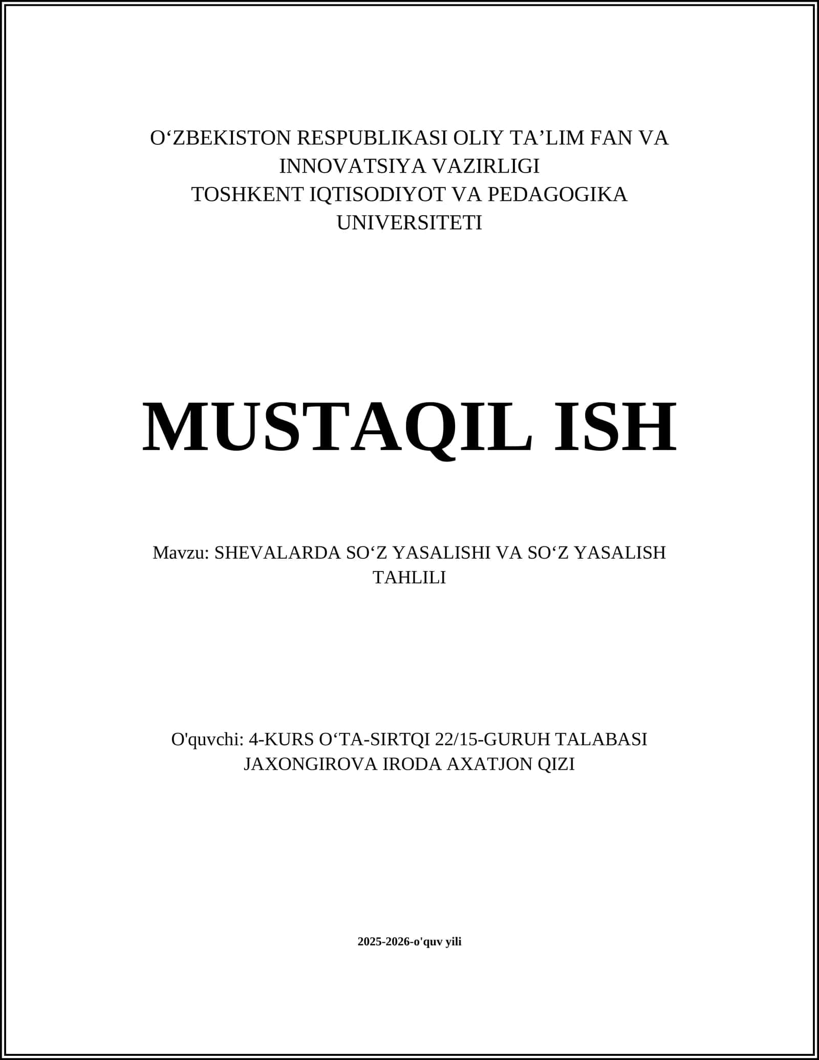 SHEVALARDA SOʻZ YASALISHI VA SOʻZ YASALISH TAHLILI