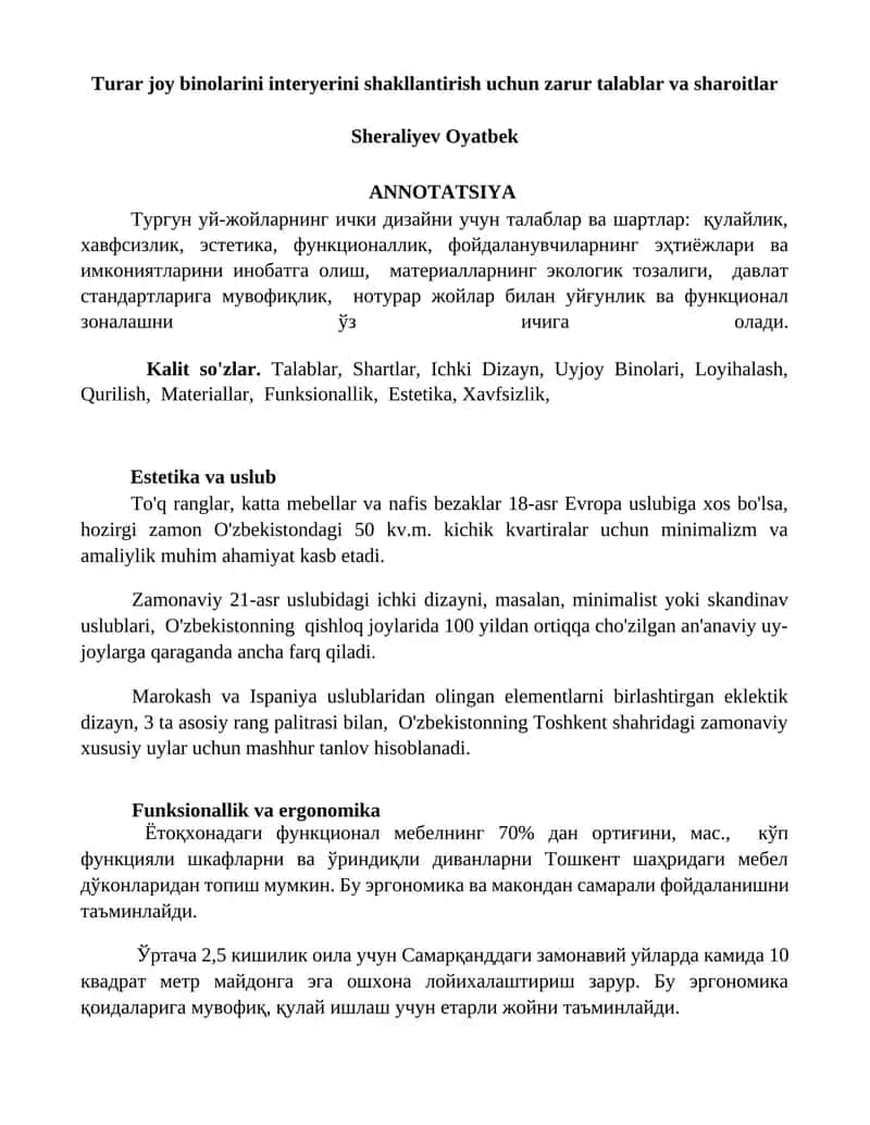 Turar joy binolarini interyerini shakllantirish uchun zarur talablar va sharoitlar