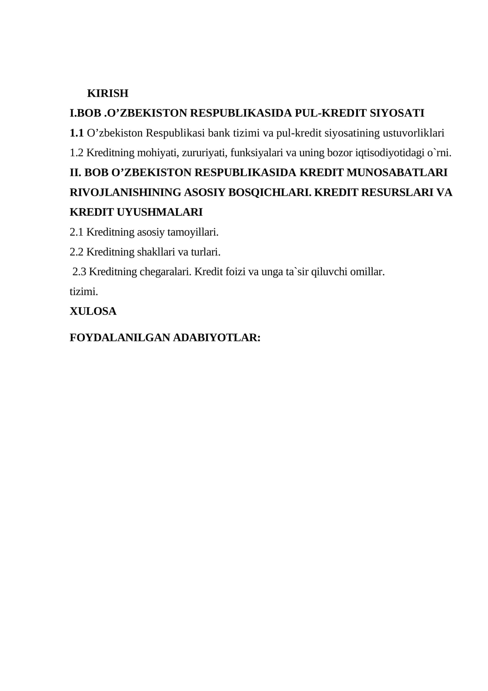 O'zbekiston Respublikasida Pul-Kredit Siyosati