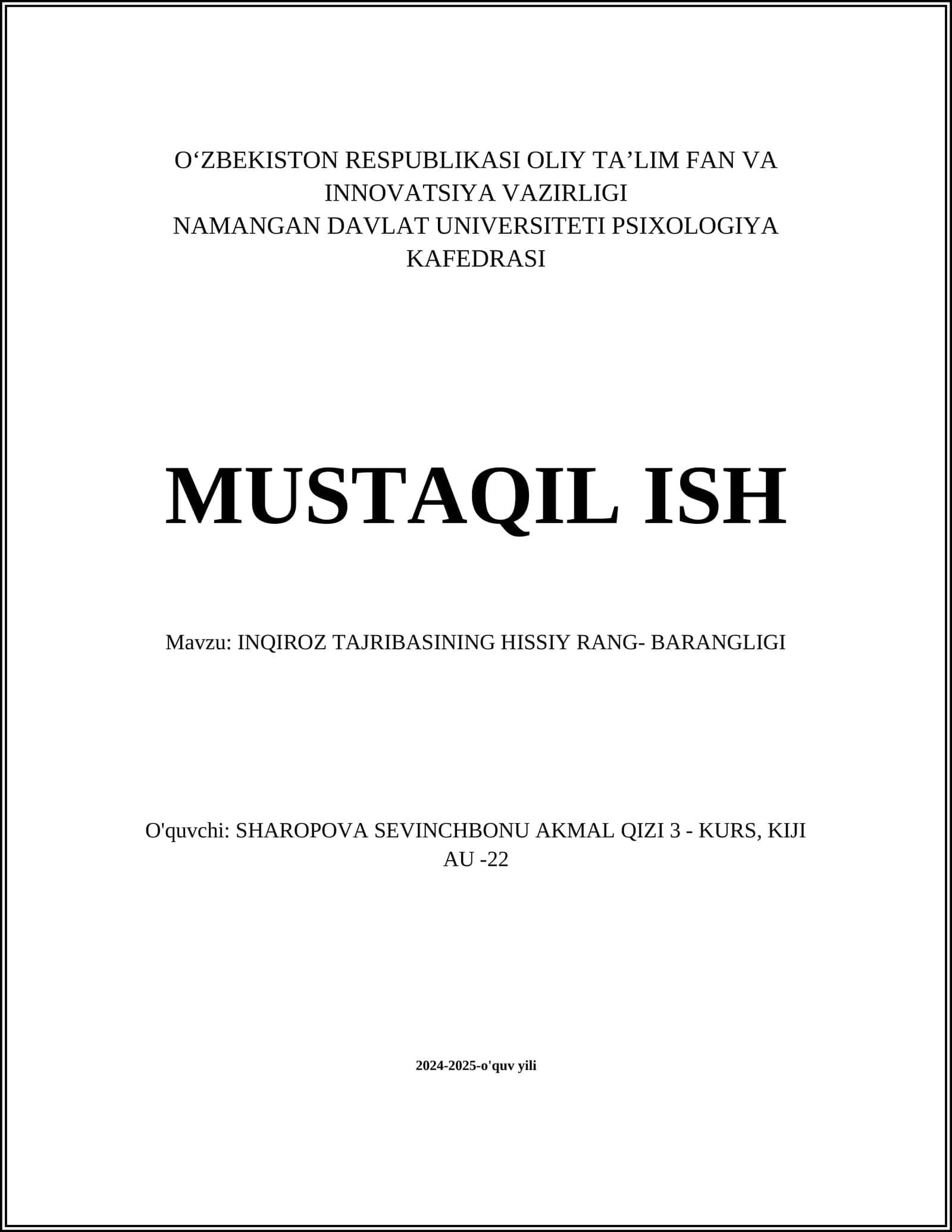 INQIROZ TAJRIBASINING HISSIY RANG- BARANGLIGI