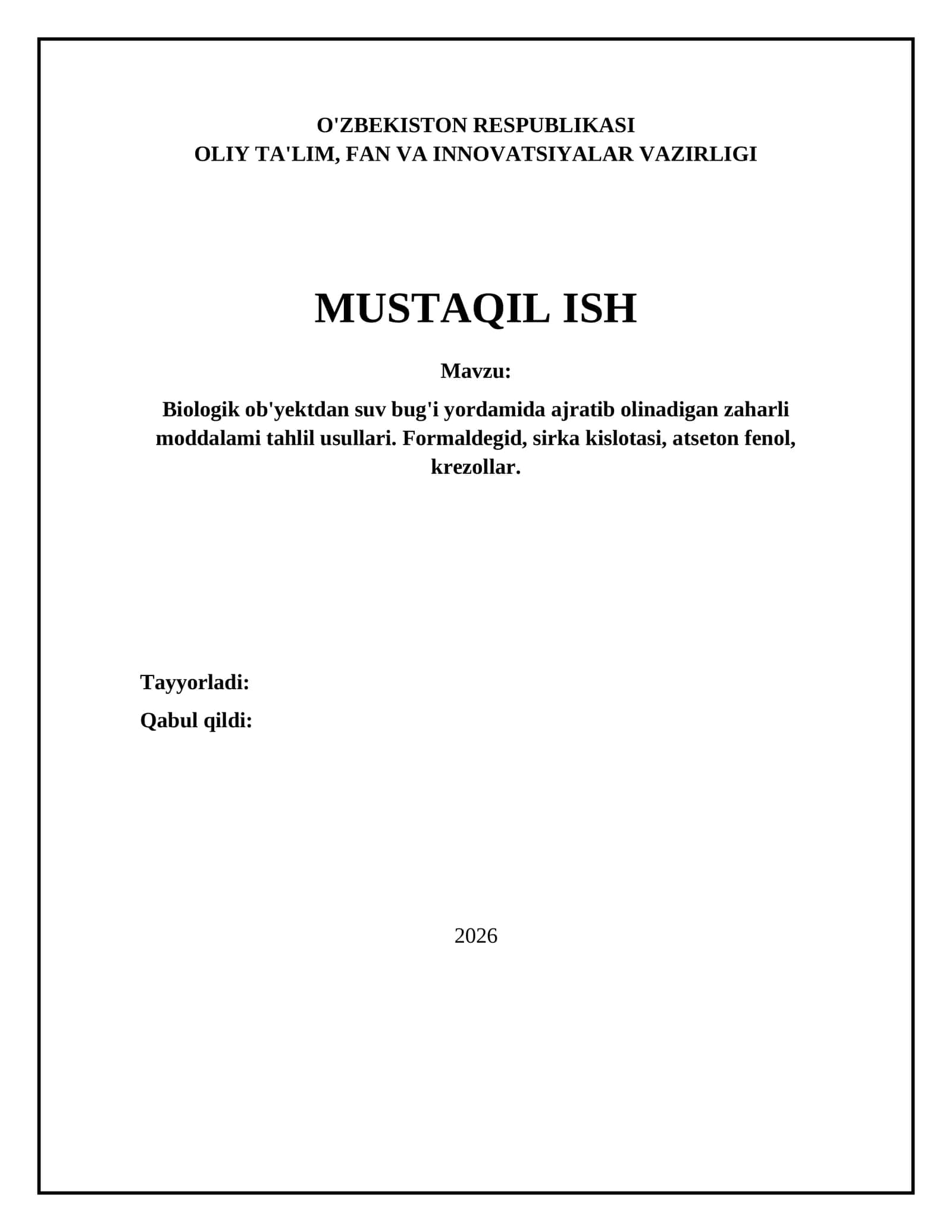 Biologik ob'yektdan suv bug'i yordamida ajratib olinadigan zaharli moddalami tahlil usullari