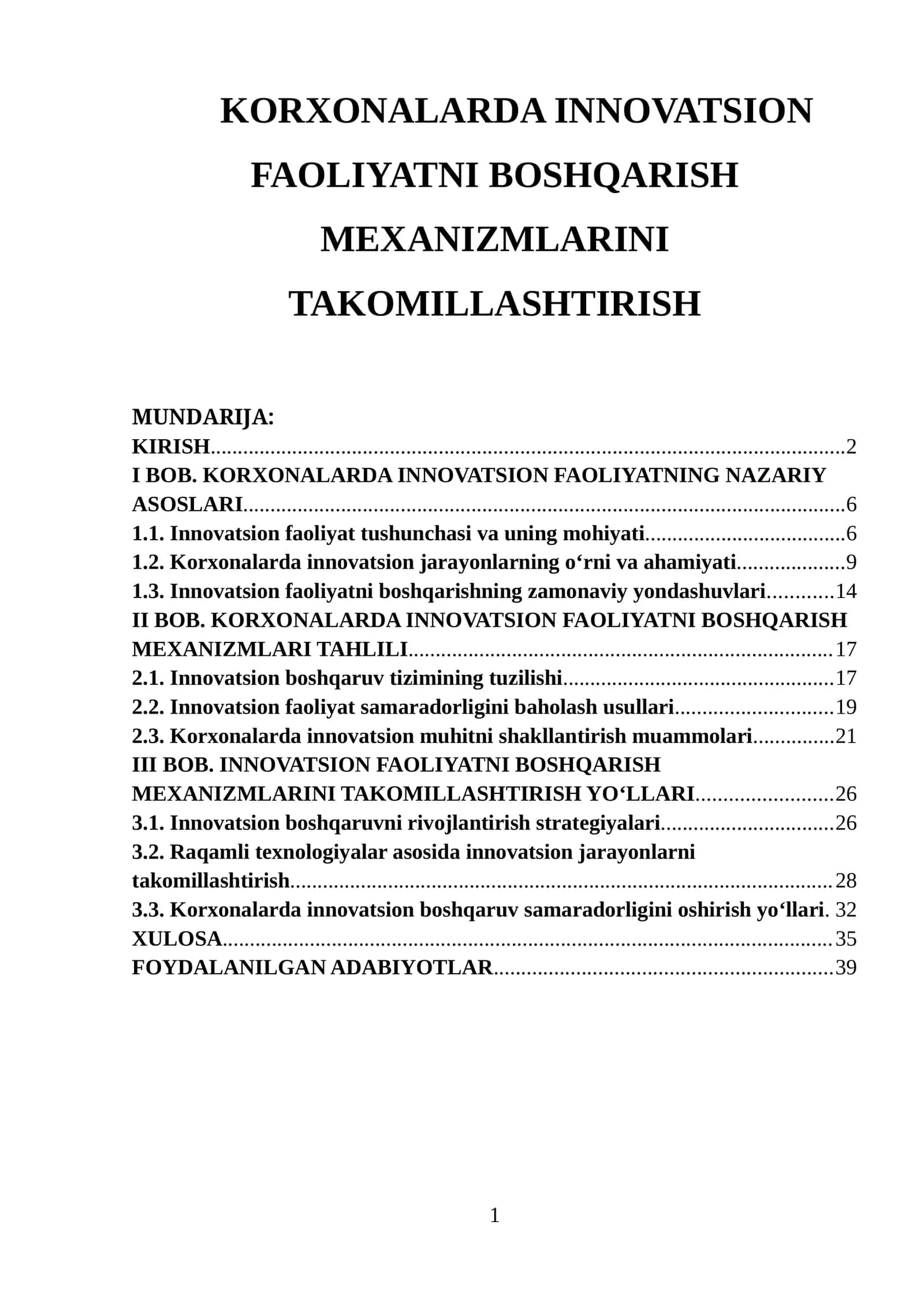 INNOVATSION FAOLIYATNI BOSHQARISH MEXANIZMLARINI TAKOMILLASHTIRISH