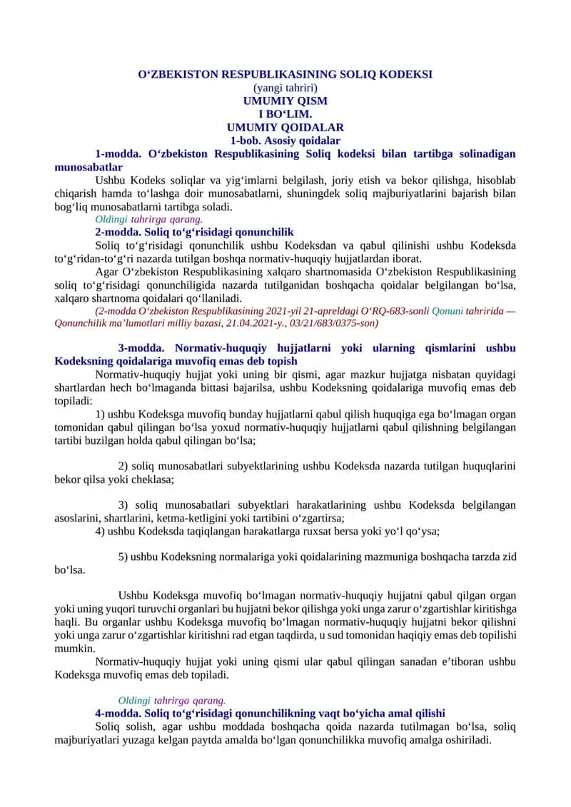 O‘zbekiston Respublikasining Soliq kodeksi (yangi tahriri)