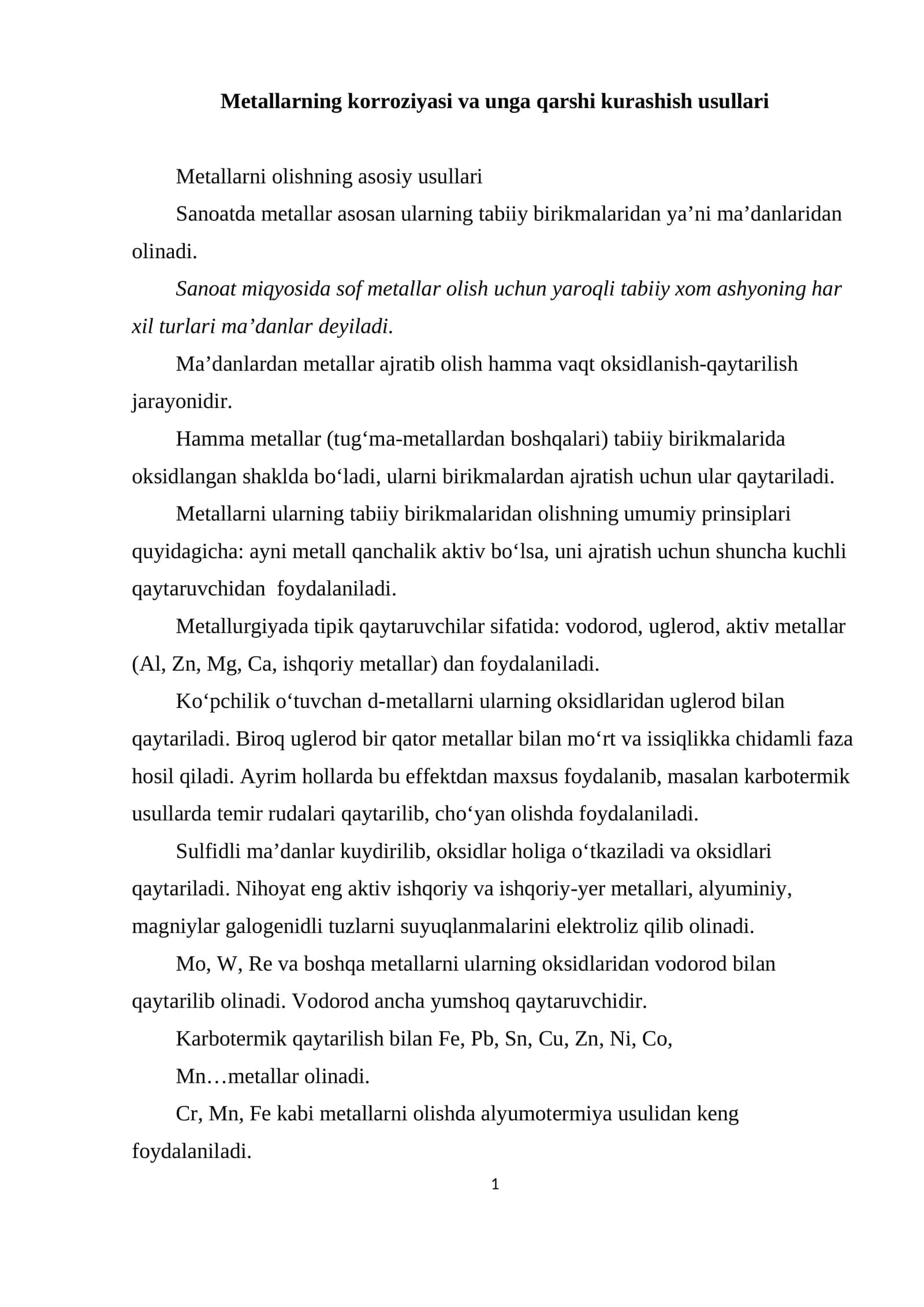 Metallarning korroziyasi va unga qarshi kurashish usullari