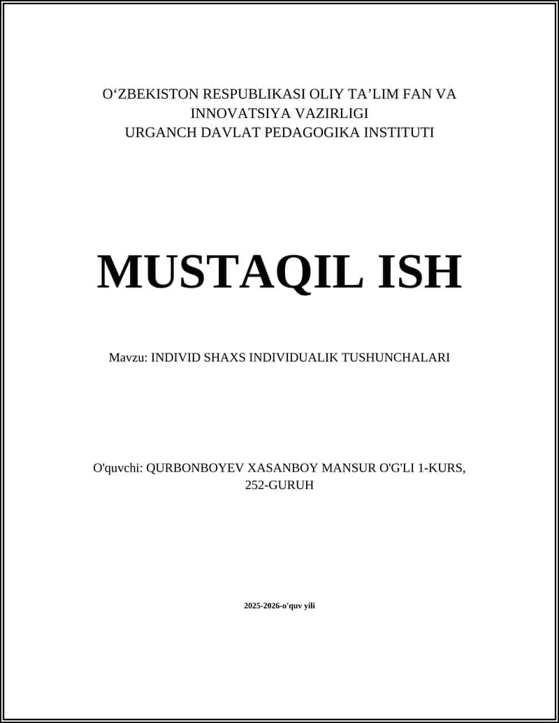 INDIVID SHAXS INDIVIDUALIK TUSHUNCHALARI