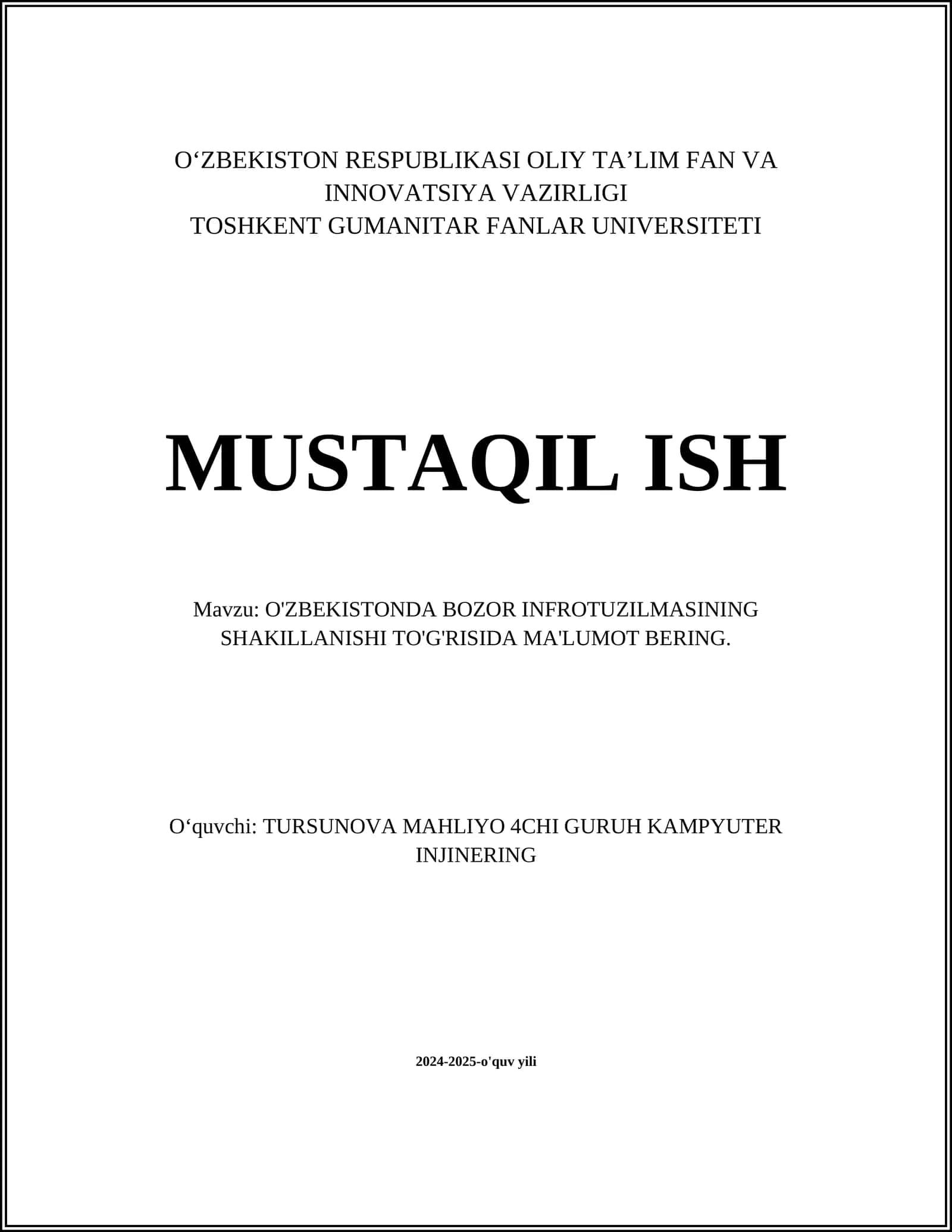 O'ZBEKISTONDA BOZOR INFROTUZILMASINING SHAKILLANISHI TO'G'RISIDA MA'LUMOT BERING