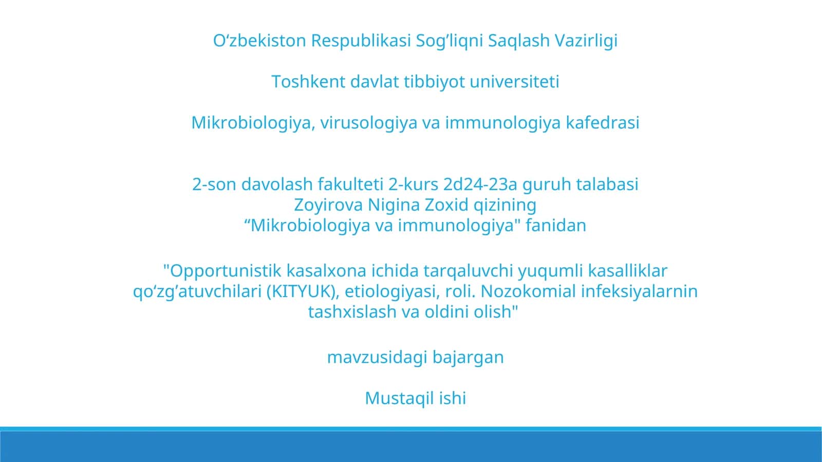 kasalxona ichi kasalliklarini aniqlash va diagnostika qilish