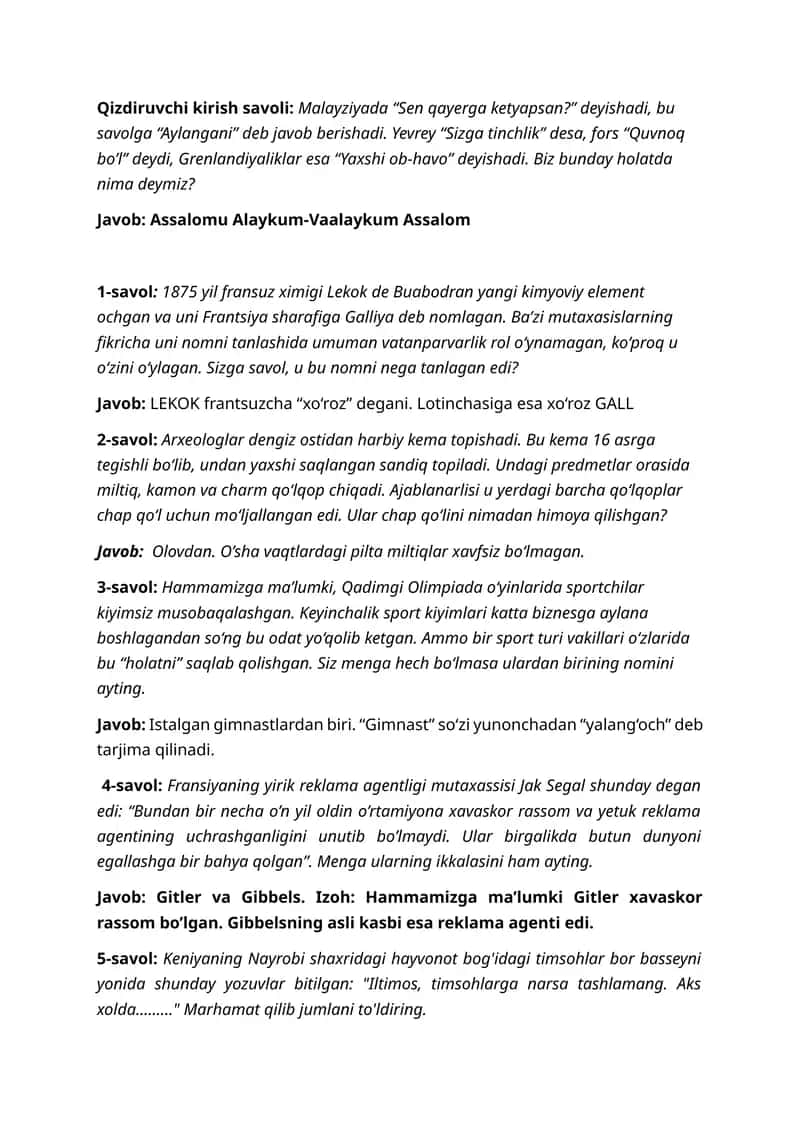 Zakovat 40ta savol javoblari bilan birgalikda.