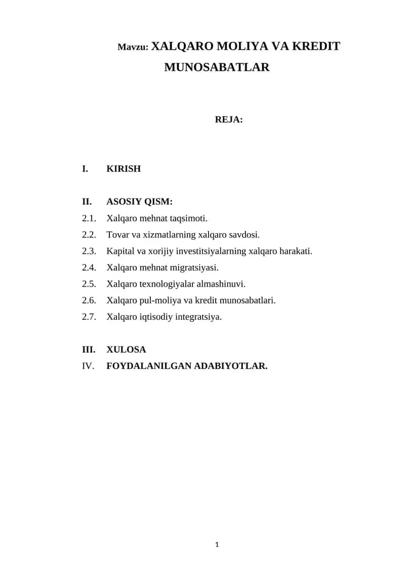 XALQARO MOLIYA VA KREDIT MUNOSABATLAR