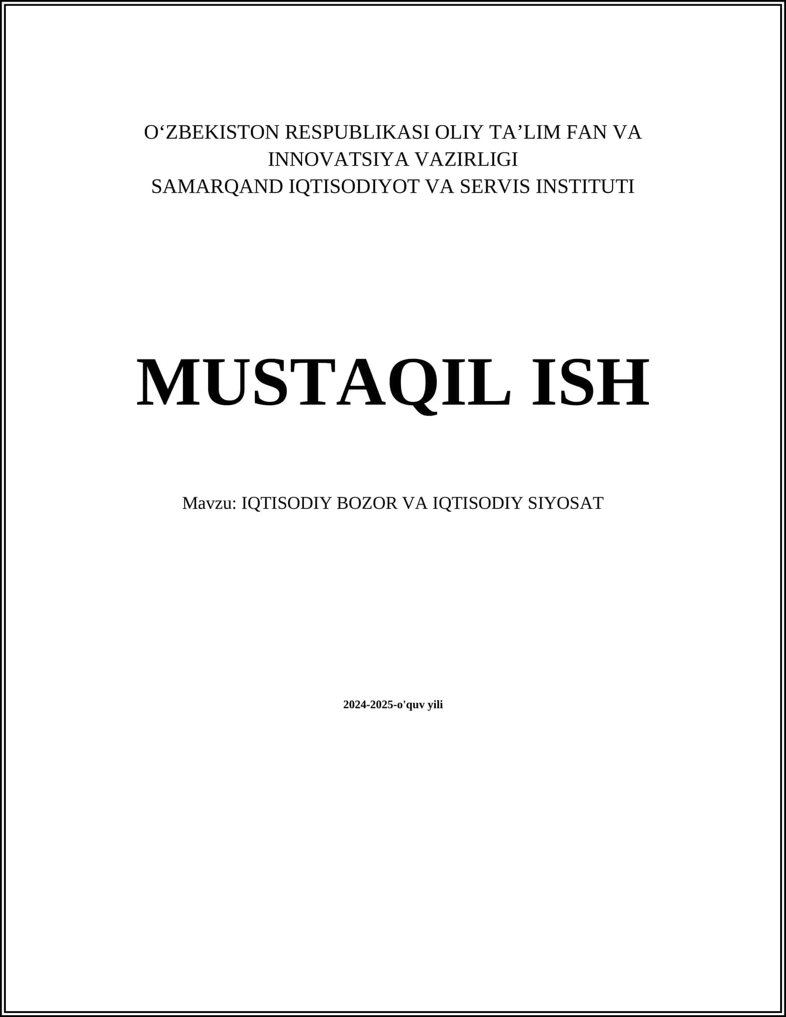 IQTISODIY BOZOR VA IQTISODIY SIYOSAT