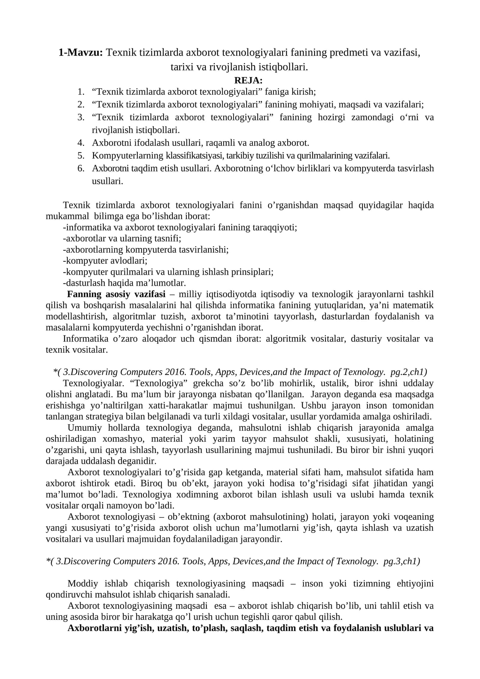 Texnik tizimlarda axborot texnologiyalari fanini o'rganish