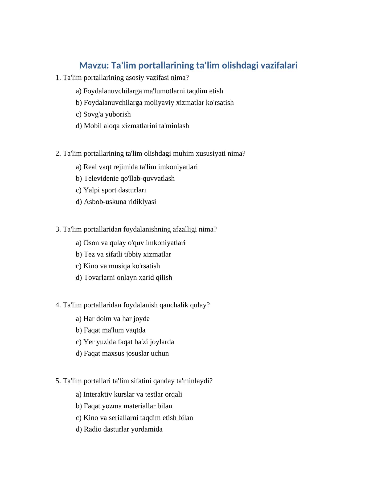 Ta'lim portallarining ta'lim olishdagi vazifalari