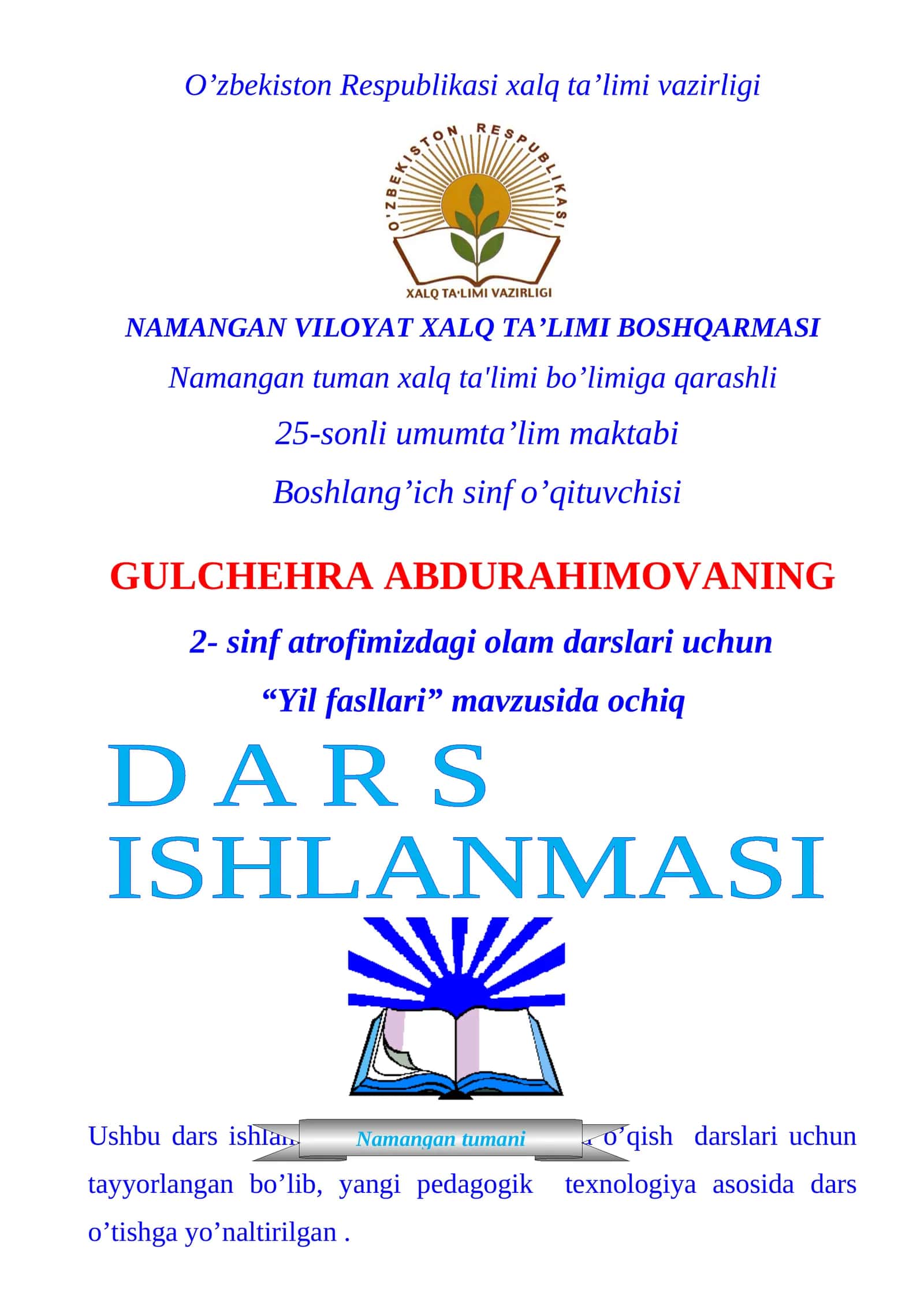 2-sinf Tabiiy Fan (Science) Yil fasllari mavzusida dars ishlanma