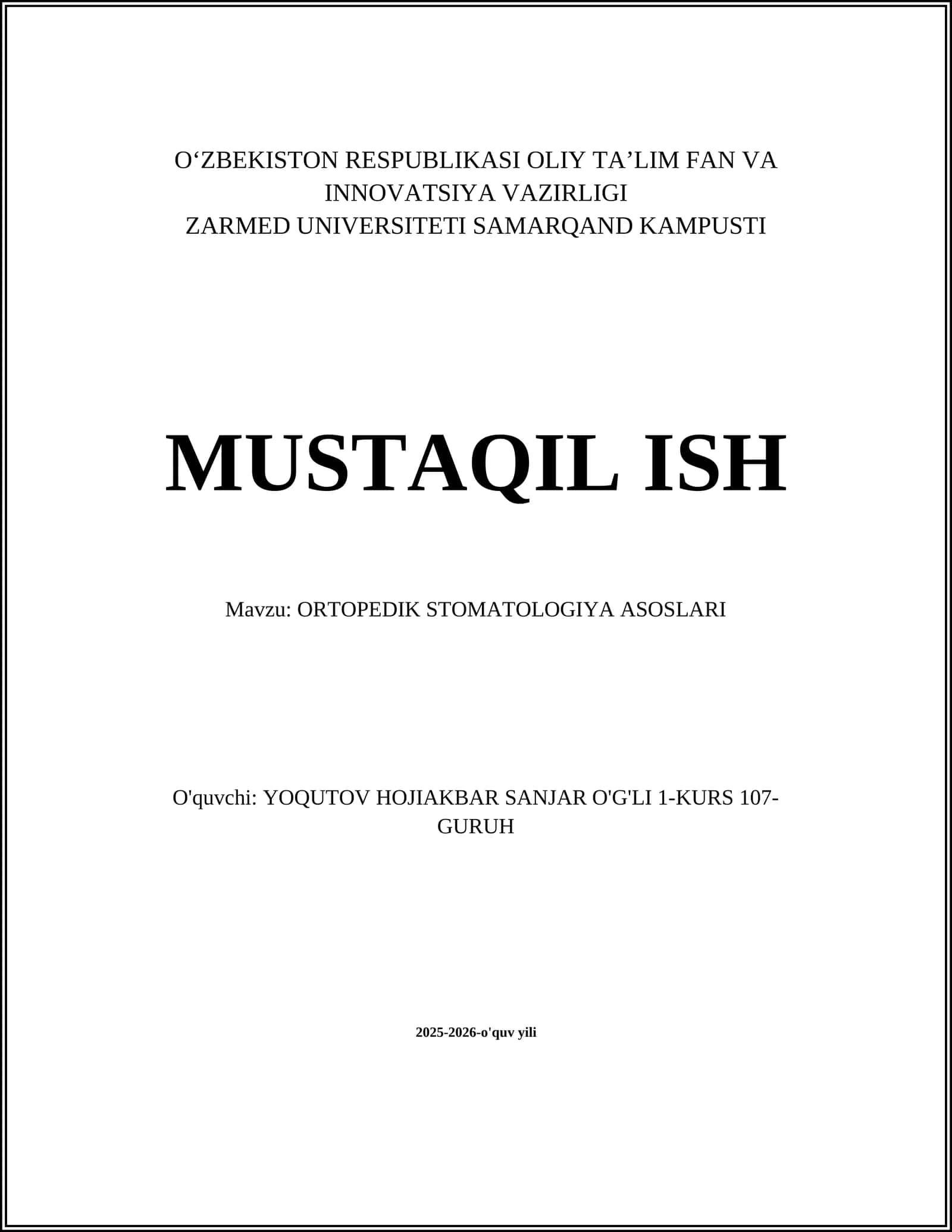 ORTOPEDIK STOMATOLOGIYA ASOSLARI