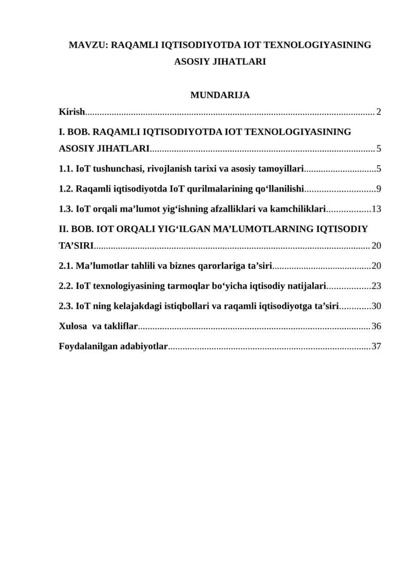 RAQAMLI IQTISODIYOTDA IOT TEXNOLOGIYASINING ASOSIY JIHATLARI