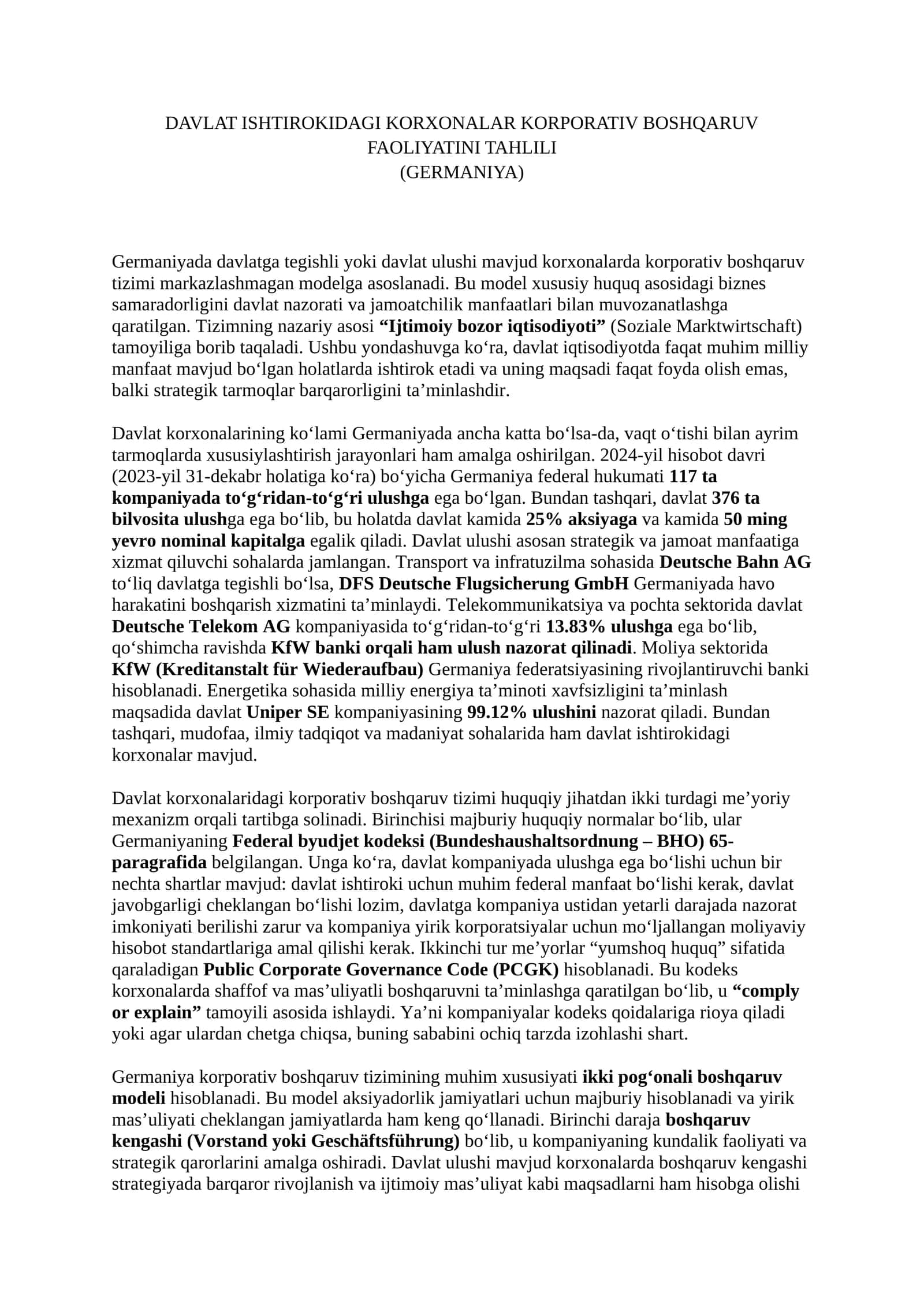 Germaniya korxonalarida korporativ boshqaruv