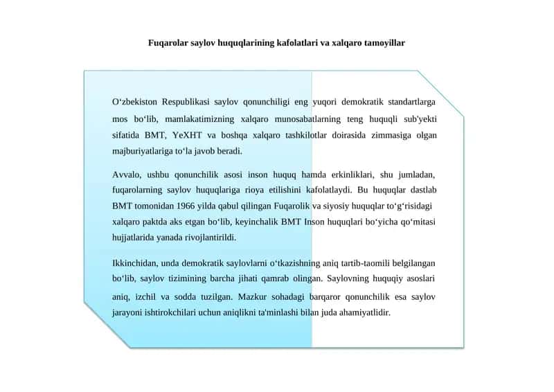 Fuqarolar saylov huquqlarining kafolatlari va xalqaro tamoyillar