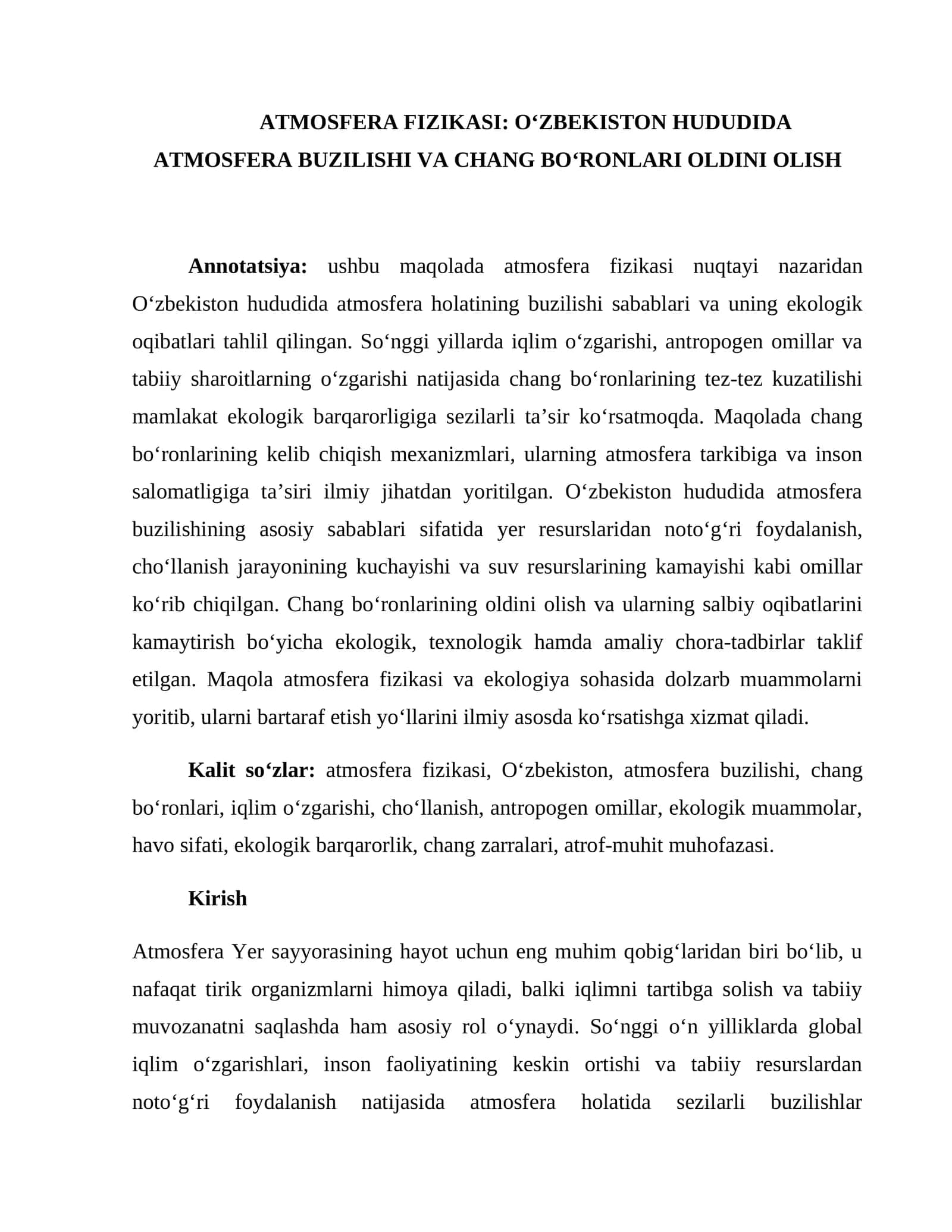 ATMOSFERA FIZIKASI: OʻZBEKISTON HUDUDIDA ATMOSFERA BUZILISHI VA CHANG BOʻRONLARI OLDINI OLISH