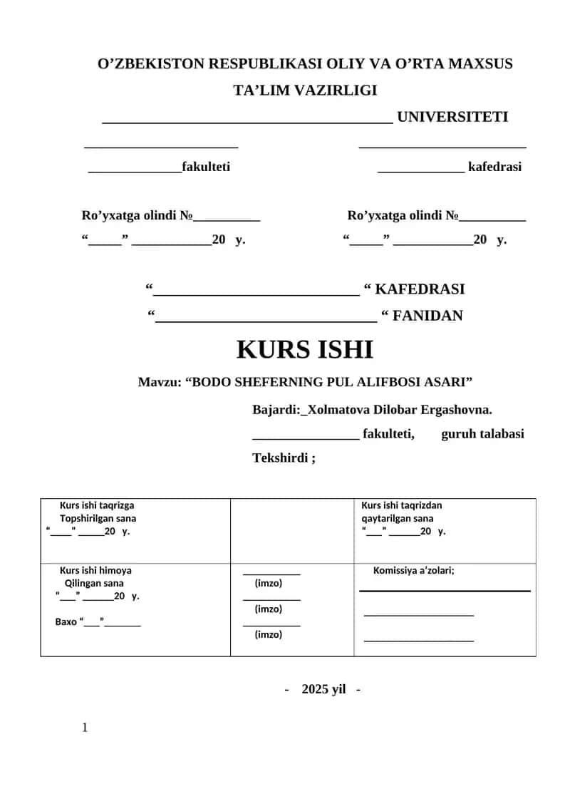 BODO SHEFERNING PUL ALIFBOSI ASARI