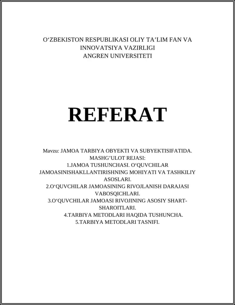 JAMOA TARBIYA OBYEKTI VA SUBYEKTISIFATIDA
