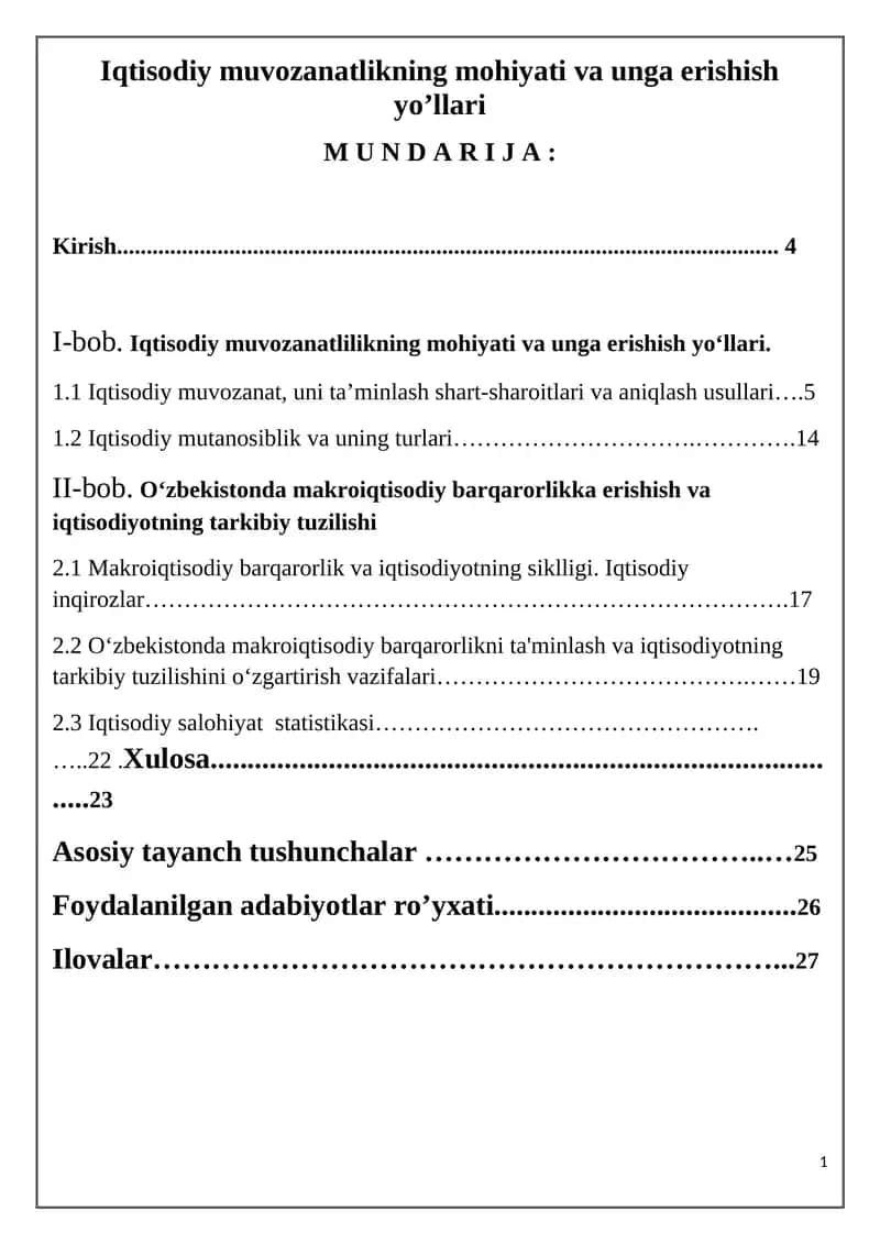 Iqtisodiy muvozanatlikning mohiyati va unga erishish yo’llari