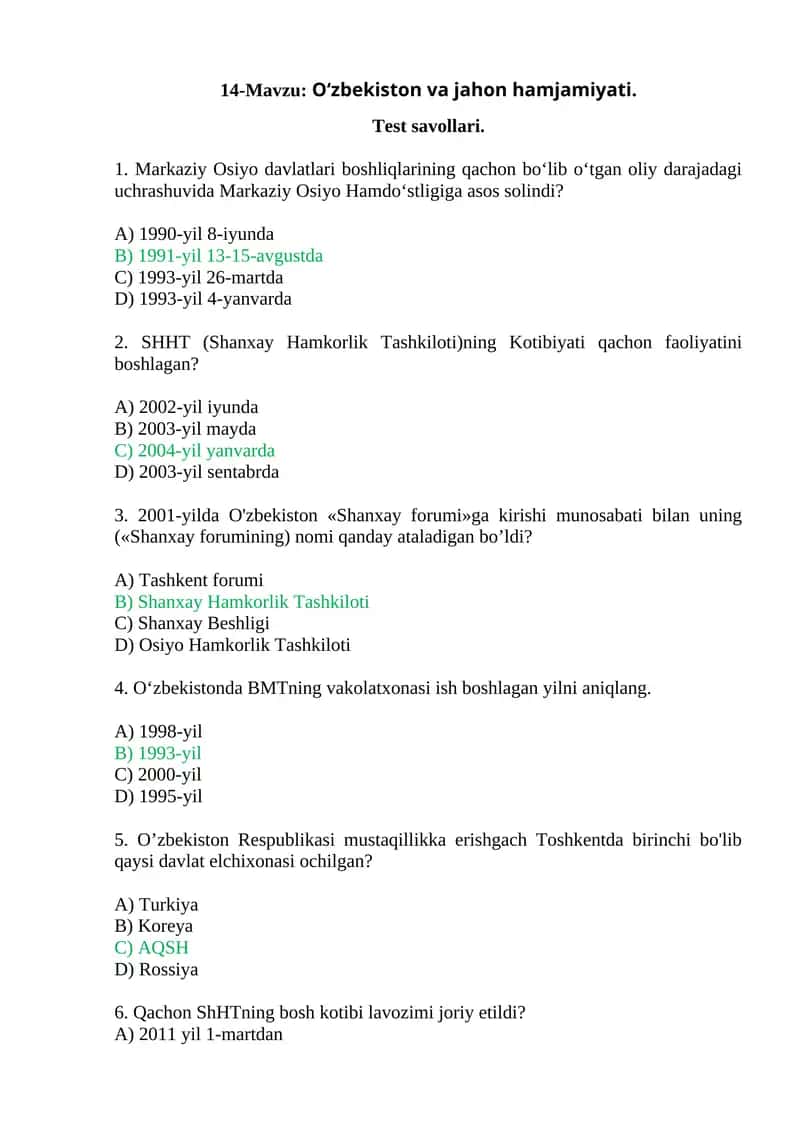 O‘zbekiston va jahon hamjamiyati Test savollari