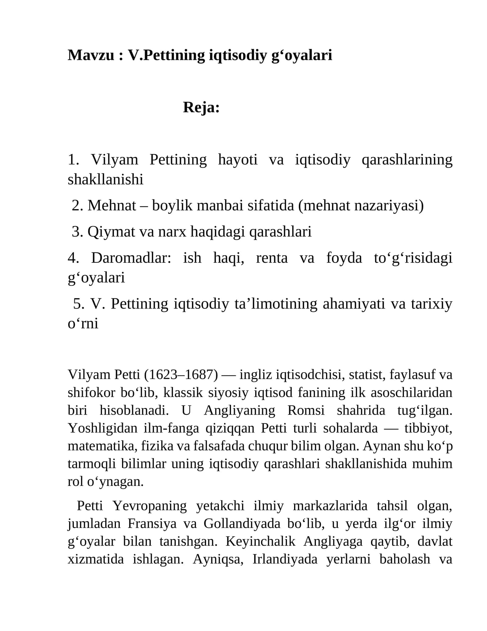 V.Pettining iqtisodiy g‘oyalari