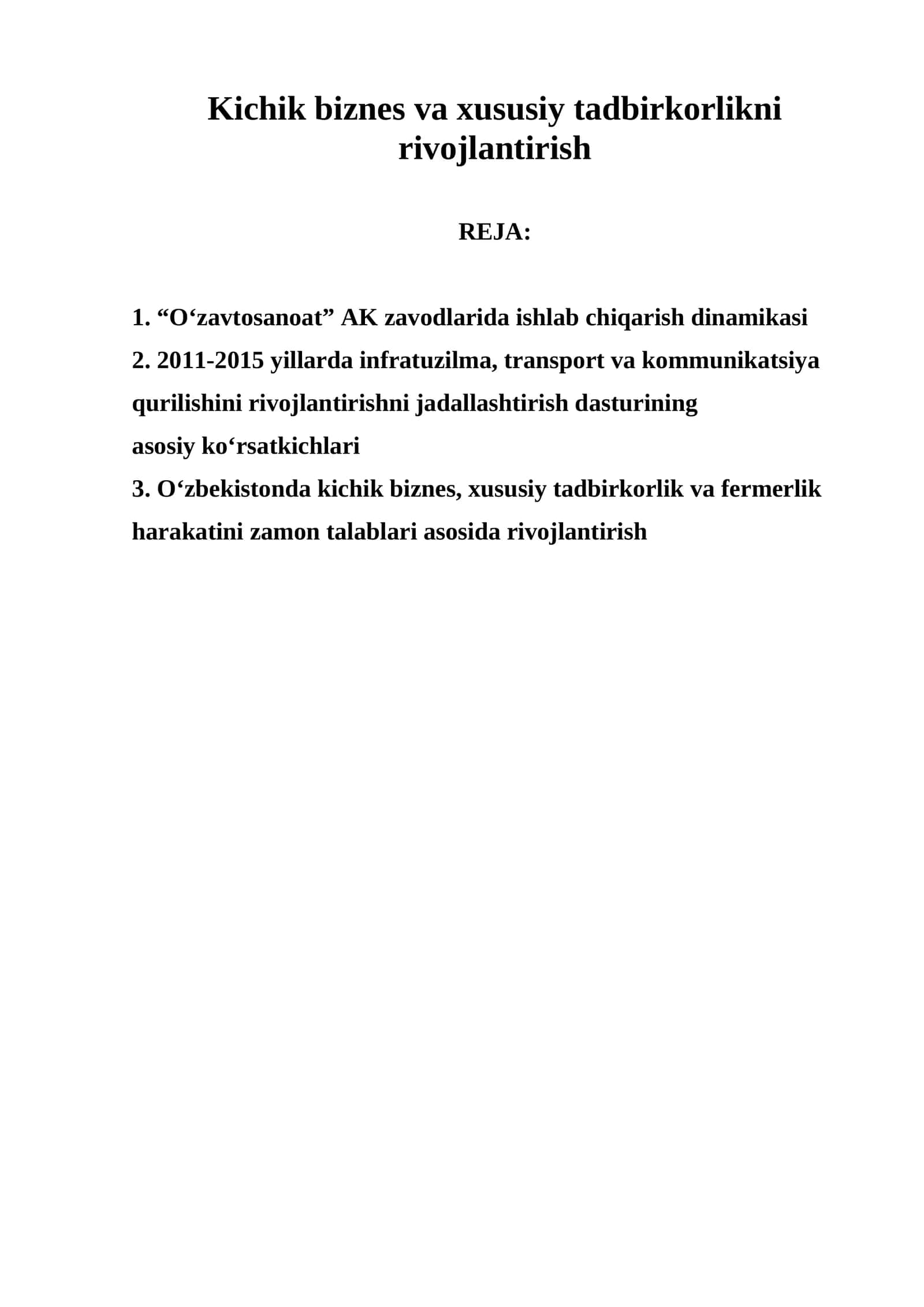Kichik biznes va xususiy tadbirkorlikni rivojlantirish