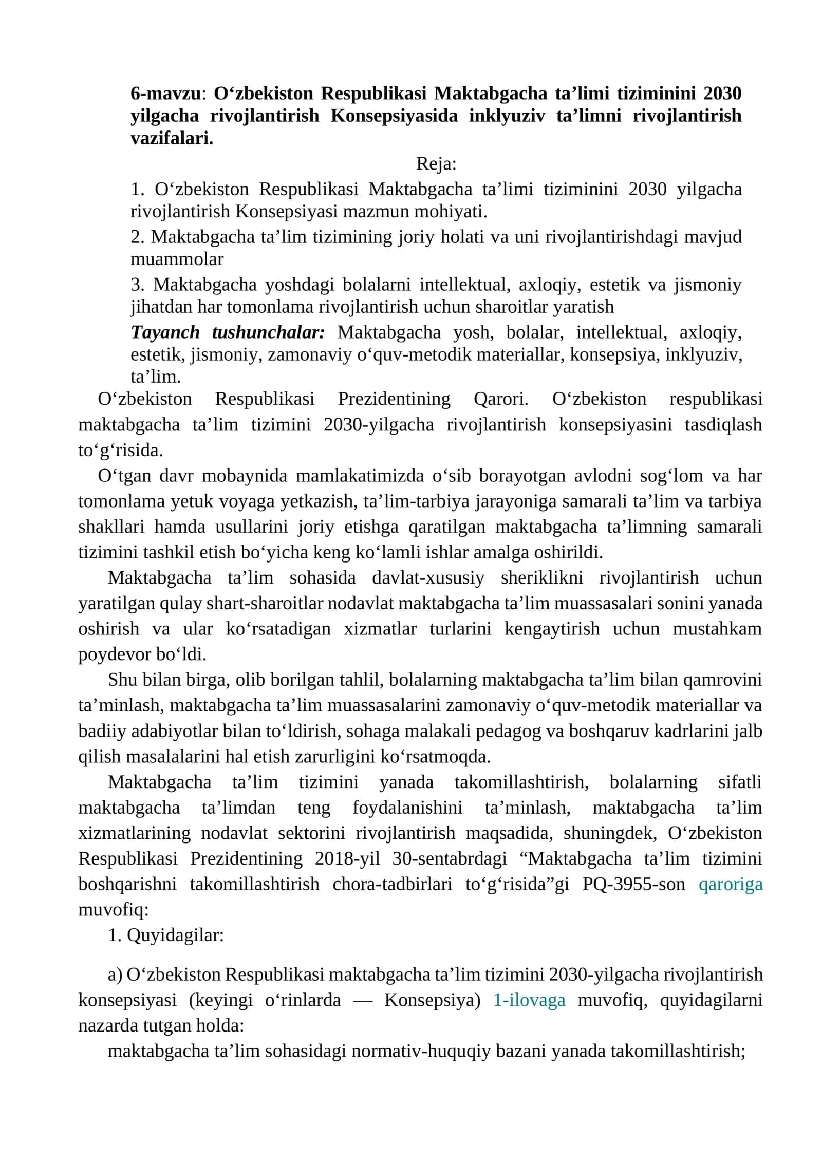 O‘zbekiston Respublikasi Maktabgacha ta’limi tiziminini 2030 yilgacha rivojlantirish Konsepsiyasi