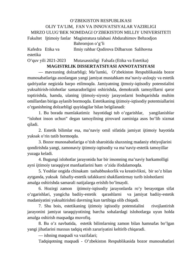 MAGISTRLIK DISSERTATSIYASI ANNOTATSIYASI