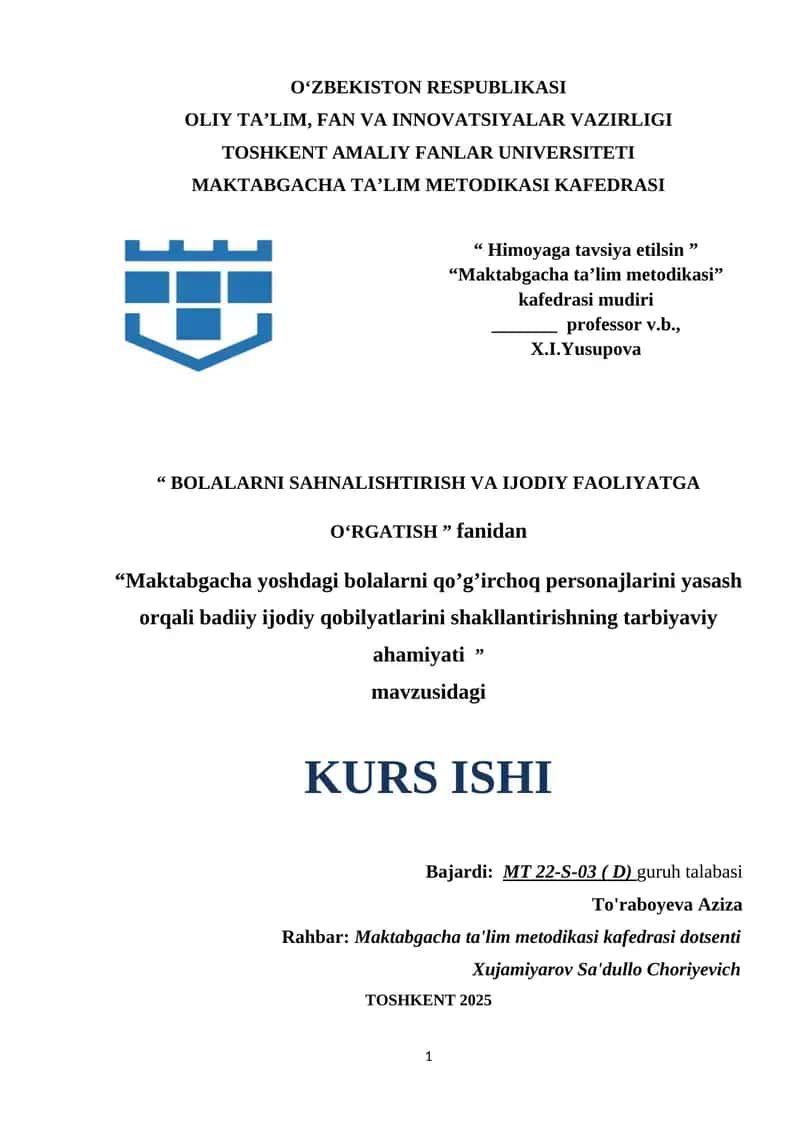 Maktabgacha yoshdagi bolalarni qo’g’irchoq personajlarini yasash orqali badiiy ijodiy qobilyatlarini shakllantirishning tarbiyaviy ahamiyati .docx