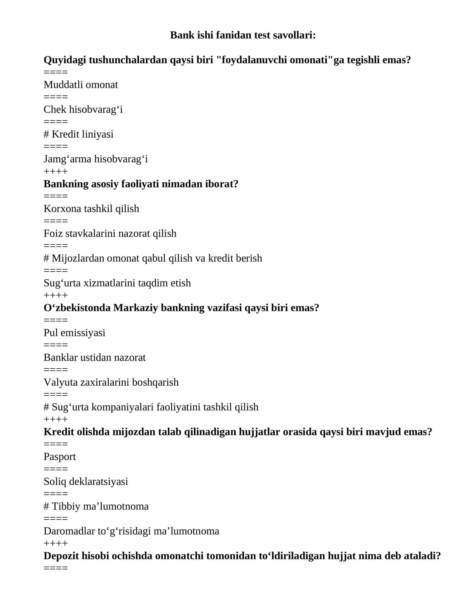 Mavzu: Bank ishi fanidan test savollari