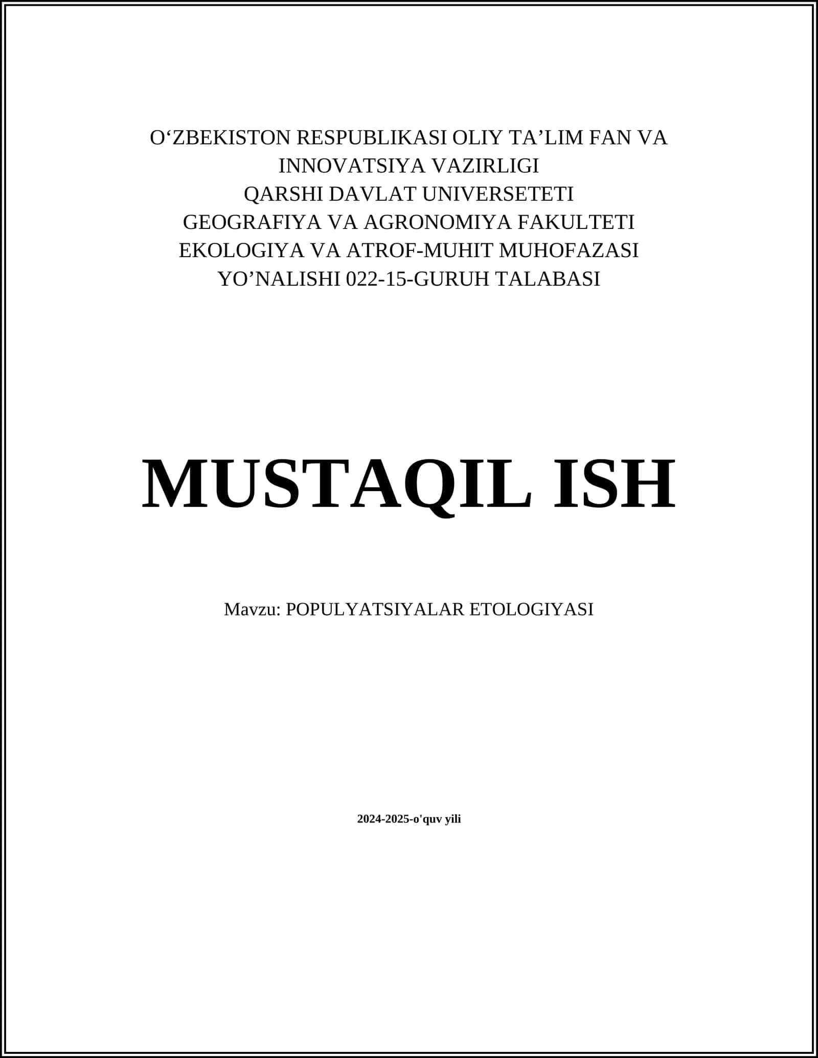 POPULYATSIYALAR ETOLOGIYASI
