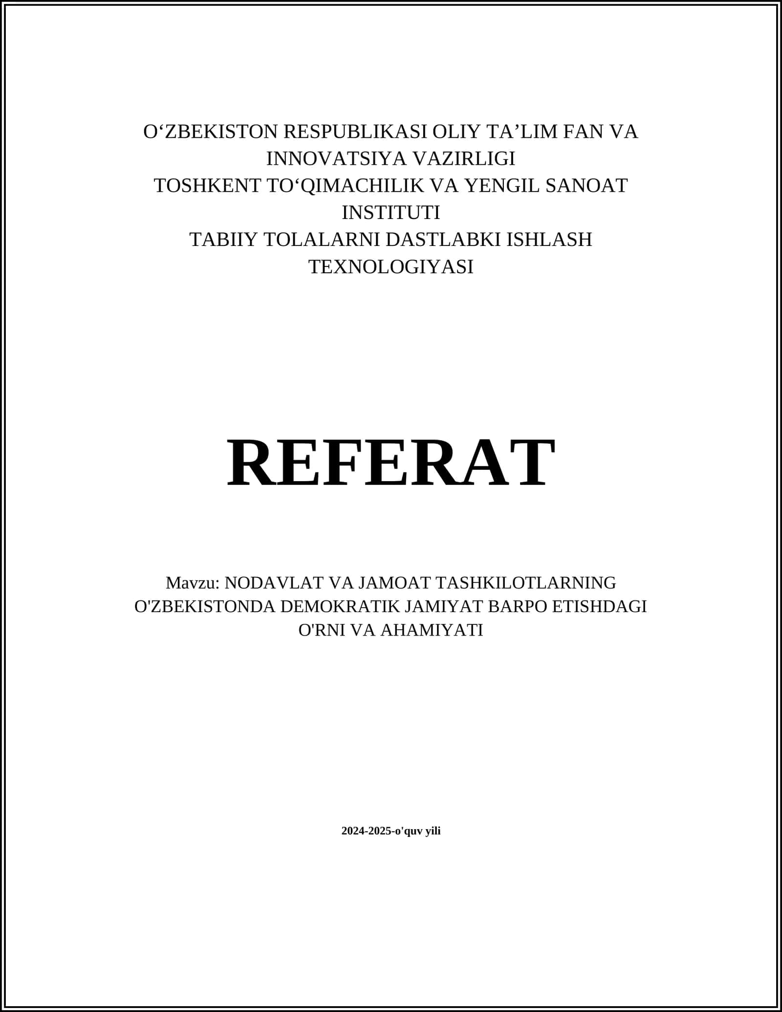 NODAVLAT VA JAMOAT TASHKILOTLARNING O'ZBEKISTONDA DEMOKRATIK JAMIYAT BARPO ETISHDAGI O'RNI VA AHAMIYATI