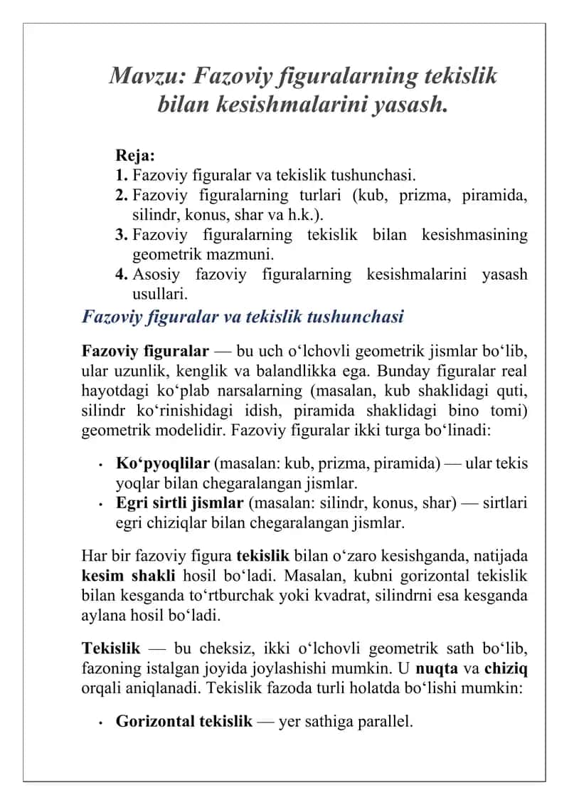 Fazoviy figuralar va tekislik tushunchasi